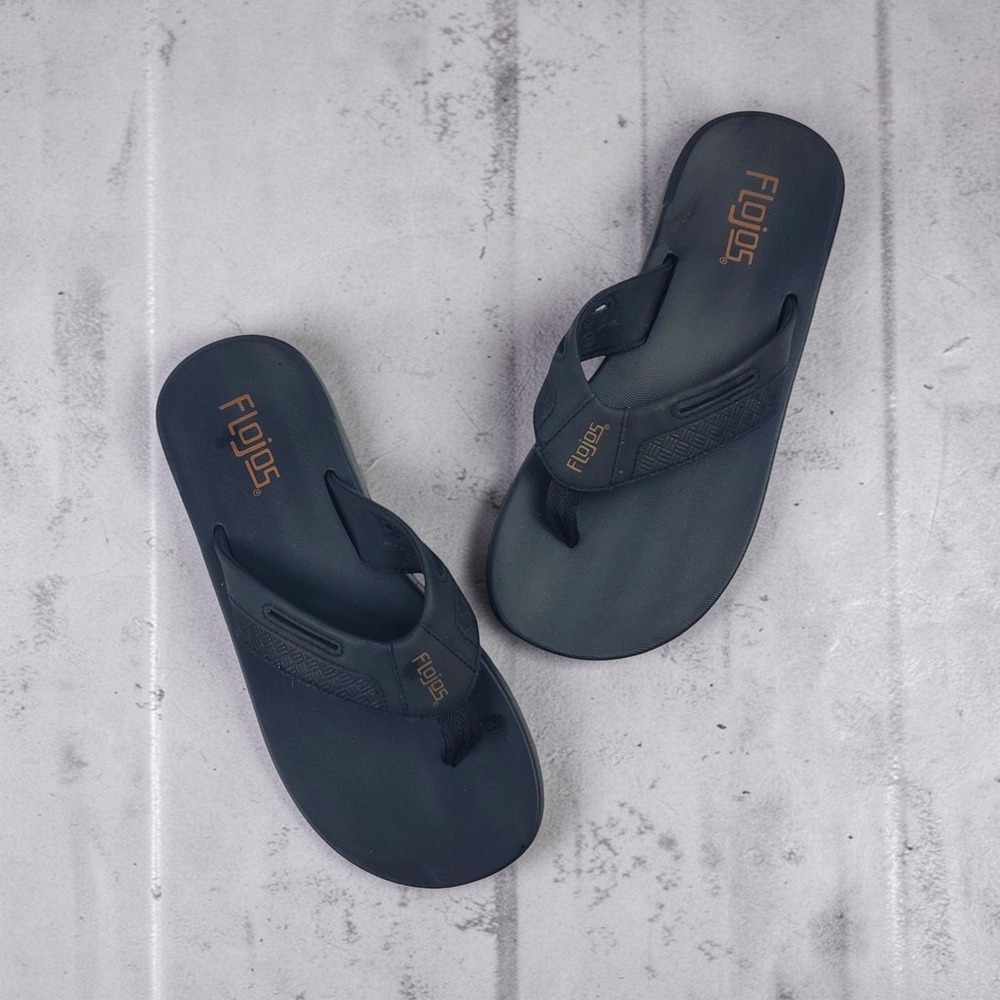 Flojos Mens Flip Flop Sandals Black Tan Sole Size 9 Casual Beach Thong Comfort